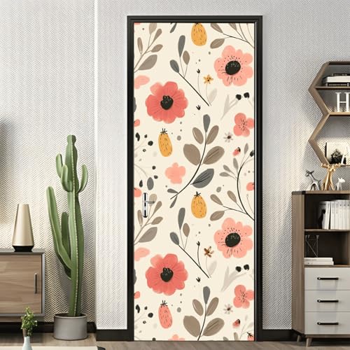 Vinilos Para Puertas 95X215Cm Flores Rojas Vinilo Puerta 3D Pegatinas Para La Renovación De La Puerta Arte Mural Etiqueta Carteles Pegatinas De Pared Diy Decoraciones