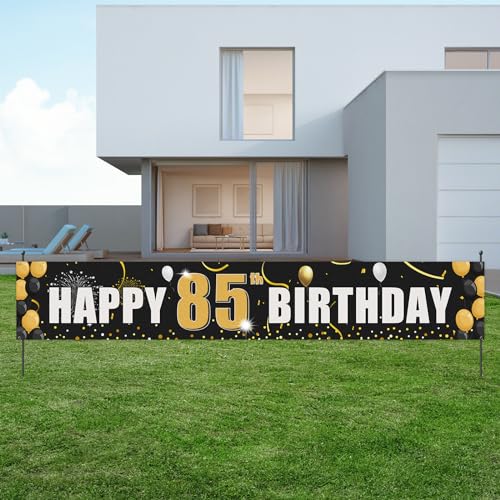 Helewilk Happy 85th Birthday Yard Banner, Golden 85th Birthday Party Hanging Decorations Supplies for Men Women, 85th Birthday Party Large Banner Sign Photo Booth Props, 9.8 x 1.6 ft