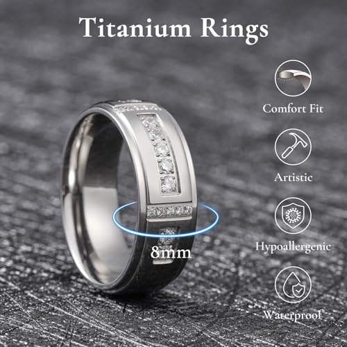 King Will Men's Titanium Wedding Band - 8mm Polished Band with Step Edges and Cross Design Featuring White Zirconia Insets Comfort Fit Size 7-142