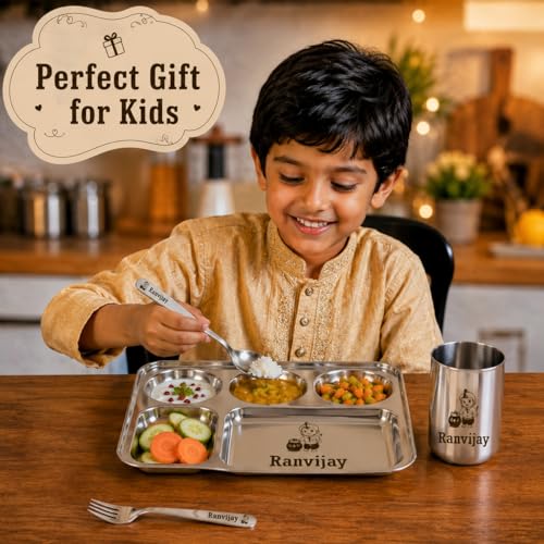 Image of Savri Personalized Printed Stainless Steel Five Compartment Rectangular Dinner /Pav Bhaji Plate With Spoon & Fork With Name & Design Engraved.Best For Return Gift, Schools (5 Compartments)