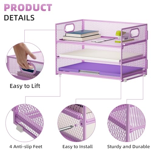 Marbrasse Desk Organiser,3 Tire Letter Paper Tray Organiser with Handle,Mesh Desk Organiser Tray for A4 File,Home Office Supplies(Purple) - Image 4