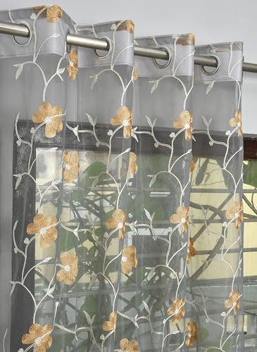Image of Homefab India Embroidery Floral Net Transparent Sheer Curtain - 9X4 Feet, Long Door Curtains, Grey, Pack of 1 Pc
