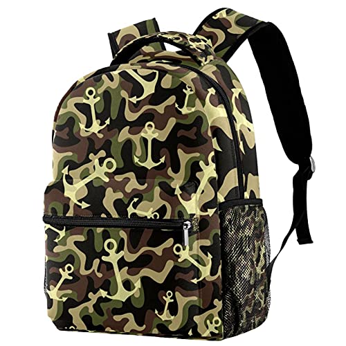 Sac à dos d'école pour garçons motif camouflage vert kaki et ancre marin léger