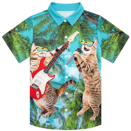 Image of uideazone Boys Hawaiian Shirts Novelty Printed Funky Short Sleeve Button Down Shirt Kids Aloha Luau Shirt 7-14T