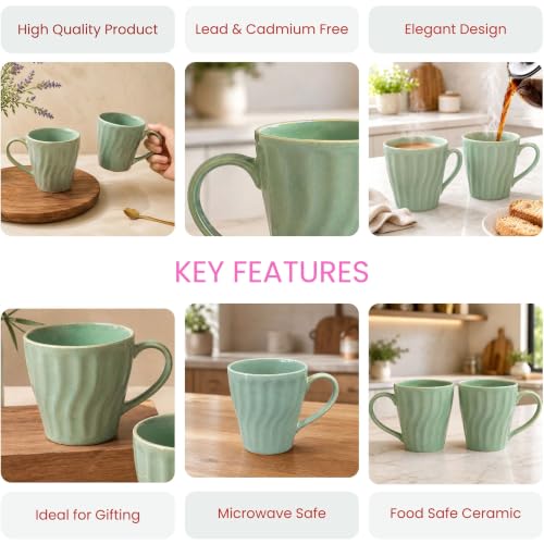 Image of The Earth Store Green Artisan Wave Coffee Mug - 340ML Ceramic Coffee Mugs Set of 2 | Microwave & Dishwasher Safe Mugs for Gift | Home | Office | Restaurant | Daily Use Tea Mug