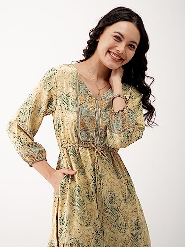 Image of AASK Abstract Printed Puff Sleeve Gathered Detailed Fit Flare Dress