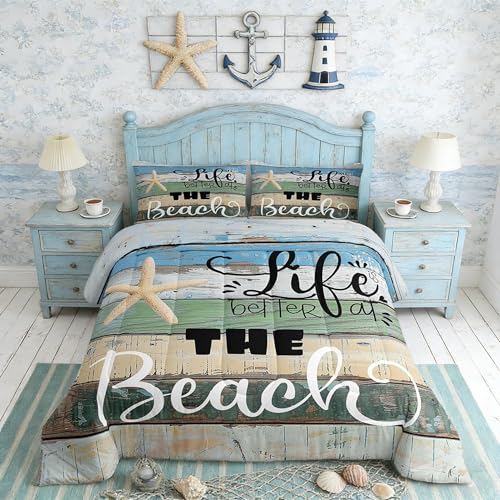 Castle Fairy Beach Life Comforter Set Twin Size Blue Green Rustic Farmhouse Bedding for Decor Starfish Cabin Wood Stripes Print Quilted Duvet Beach Camper Insert 2pcs(CYJS9694ZMD-BZ_USt)