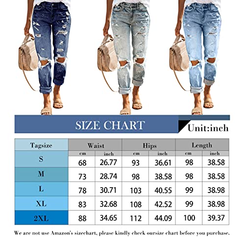 Kunmi Women's Ripped Mid Waisted Boyfriend Jeans Loose Fit Distressed Stretchy Denim Pants #TOP5