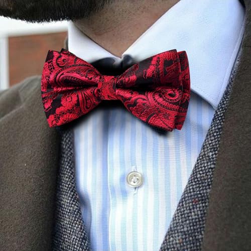 Image of YOHOWA Mens Bow Tie Set Paisley Pre-tied Bowties Adjustable with Handkerchief Cufflinks Gold Ring Set Wedding Prom Party