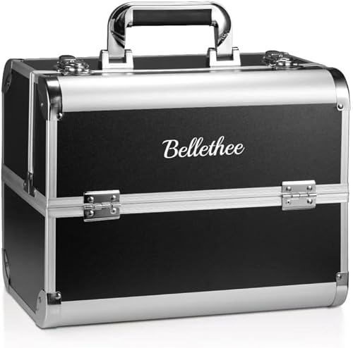3-Tier Aluminum Cosmetic Train Case with Lock, Black, 32 x 21 x 26 cm | Lockable 3-tier aluminum makeup organizer.