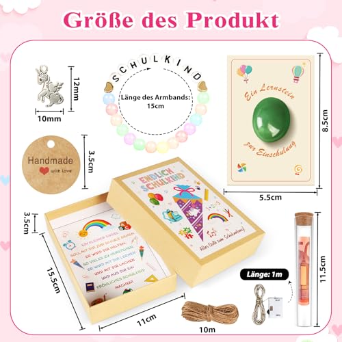 TUZELIYA Einschulung Geschenk Mädchen Jungen Schultüte Füllung - Einschulung Geschenkbox mit Armband Lernstein Grußkarte LED Lichterkette für Schulkind 2025 - Schulanfang Glücksbringer Geldgeschenk