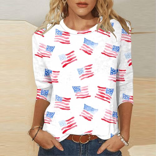 Image of Fourth of July Shirts for Women 3 /4 Sleeve Summer Tops American Flag Print T Shirt Patriotic 4th of July Shirts 2025