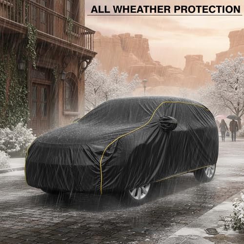 Image of Sulfar 100% Water Resistant Car Body Cover Compatible with Mirror for Kia Carens (Triple Stitched, Full Bottom Elastic, Black Tafetta with Yellow Piping)
