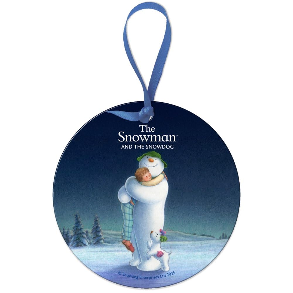 The Original Metal Sign Trio Hugging Round Metal Dangler Ornament Sign (75 Mm Diameter) - The Snowman And The Snowdog (Trio Hugging)