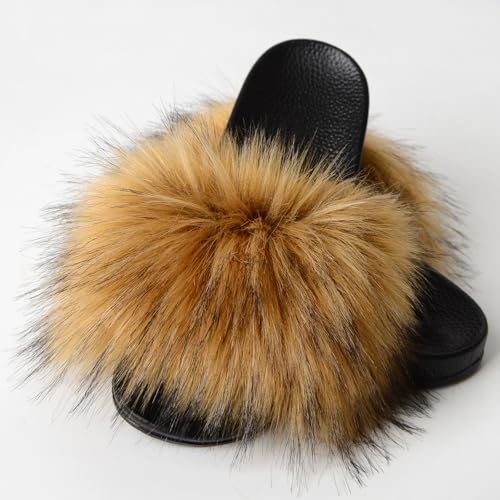 Image of MH Bailment Womens Furry Fluffy Slippers Faux Fur House Slippers Open Toe Fuzzy Slides Soft Flat Slip On Sandals for Indoor Outdoor