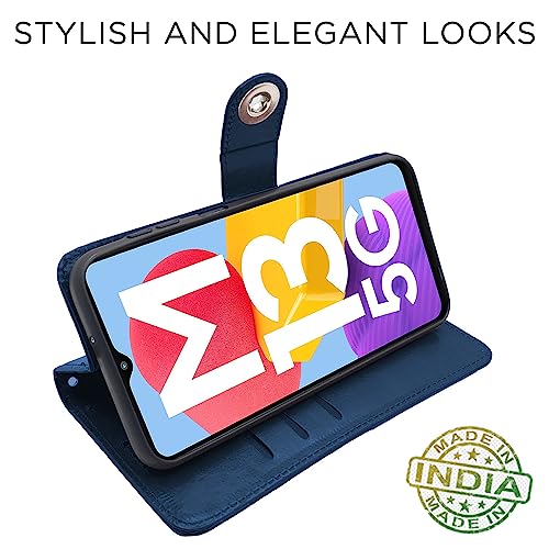 Image of Pikkme Samsung Galaxy M13 5G Flip Cover Leather Finish | Inside TPU with Card Pockets | Wallet Stand and Shock Proof | Complete Protection Button Flip Case (Blue)