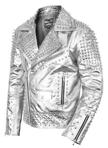 Image of Men's Studded Cowhide Leather Biker Jacket - Punk Rock Spiked Brando Coat