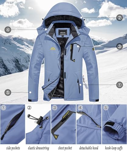 TACVASEN Damen Winddicht Wasserdicht Funktionsjacke Winter Wandern Outdoorjacke Arbeitsjacke Funktionsjacken Hiking mit Taschen, Hellblau, XXL