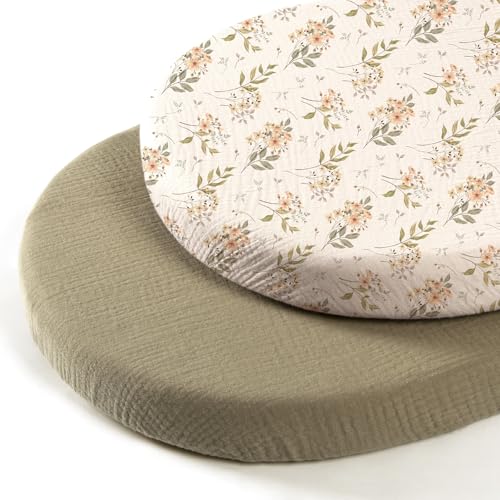 Image of lulumoon Baby Bassinet Sheets Muslin: Soft Fitted Bassinet Sheets Floral for Girls - Fit for Oval Rectangle or Hourglass Mattress