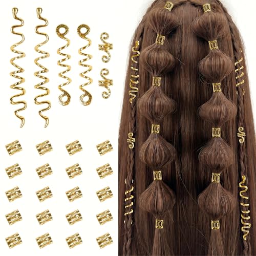 TEBIEKOY 26pcs Gold Hair Accessories for Women Loc Hair Jewelry for Braids Metal Dreadlock Beads Set Snake Hair Clips Decoration Gold