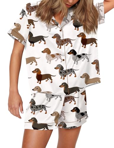Image of SHESHOW Satin Pajamas for Women Set Preppy Animals Pjs Short Sleeve Shorts 2 Piece Loungewear Sets XS-XXL