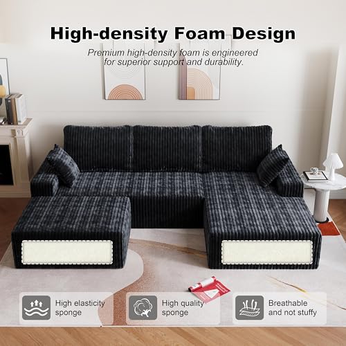 Image of Modular Sectional Sofa Couches L-Shape Couch 3 Seat Modular Sofa Memory Foam Sectional Couches for Living Room (Black, 108 inch+Right Chaise + Ottoman)