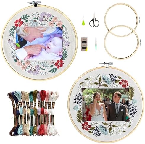 La glanese Embroidery Kit for Adults, Needlepoint Kit of 2 Floral Photo Frame Patterns for Anniversary Wedding, Beginners Friendly with Paper Guidelines and Tutorial Videos