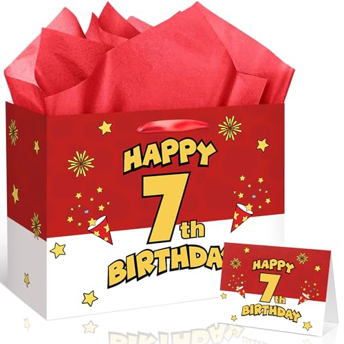 7th Birthday Gift Bag for Boys Red and White Comic Style Wrapping Paper Bag with 3 Sheets Tissue Paper Greeting Card for 7 Year Old Kids Birthday Party Decorations Gamer Themed Party Supplies