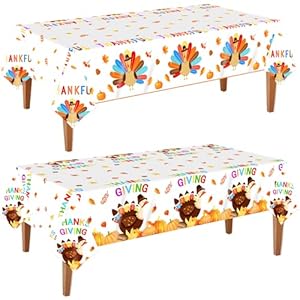 Manteles de pavo de Acción de Gracias, paquete de 2 manteles desechables de plástico de 54 x 108 pulgadas para mesas rectangulares, decoraciones de otoño de hoja de arce de pavo, suministros