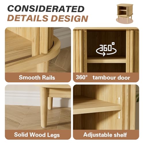 Image of Furniway Mid Century Nightstands Set of 2, Fluted Bedside Tables with Sliding Door Storage, Wooden End Tables with Solid Wood Legs for Bedroom, Natural