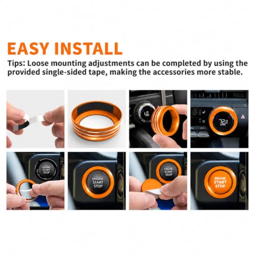 Image of for Toyota Tacoma 2024-2026 & 4Runner 2025-2026, 14-Inch Screen Aluminum Alloy Knob Cover Trim - Fits Push Start, AC, Volume & 4WD Gear Switch (Orange, 6-Piece Set)