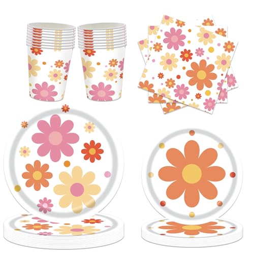 Image of Daisy Flower Party Tableware Set, 68pcs Daisy Flower Paper Plates Napkins Cups, Two Groovy Disposable Party Supplies Decorations for Baby Shower Birthday Wedding Seasonal Holiday