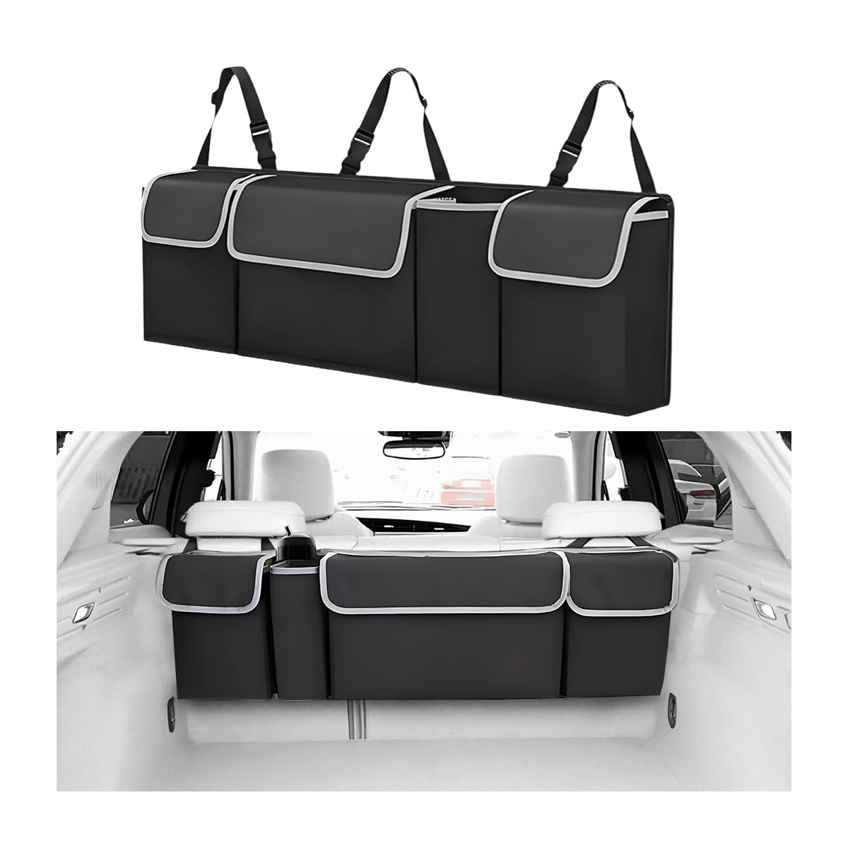 Car Trunk Organizer with Lid, Large Waterproof Vehicle Backseat Hanging Storage Bag with 4 Pockets & Adjustable Straps, Collapsible Automotive Interior Cargo Bag, Universal Fit (Black)