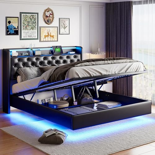 JiaOyu Cama tapizada de 160 x 200 cm con iluminación LED, cama de almacenamiento con sistema hidráulico, cabecero ajustable y puerto de carga USB-C, diseño elegante en negro, sin colchón