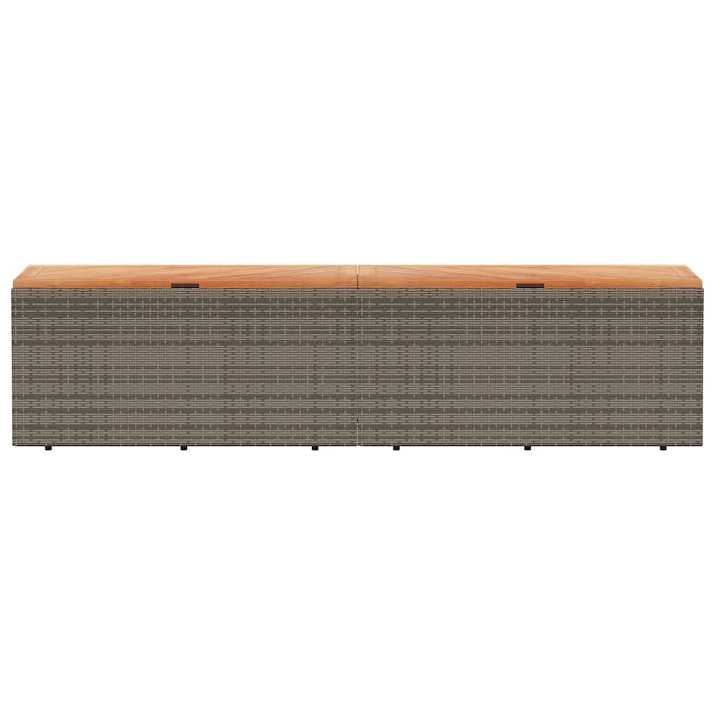 Coffre de jardin gris 220 x 50 x 54 cm en polyrotin avec plateau de table en bois d'acacia, boîte de rangement résistante aux intempéries avec fonction assise et espace de rangement pour balcon