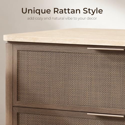 Image of Night Stand Set of 2, 30.71 inch W Rattan Nightstand with 3 Drawers, Faux Marble Top Bedside Table, Boho Mid Century End Table for Bedroom Living Room Sofa Office, Dark Oak [FSC Certified]
