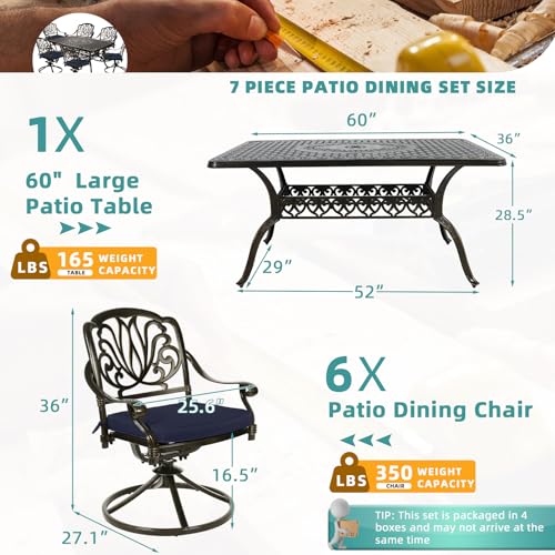 Image of MEETWARM 7-Piece Outdoor Patio Dining Set, All-Weather Cast Aluminum Patio Conversation Set for Backyard Garden Deck with 6 Cushioned Swivel Rocker Chairs, 1 Rectangular Table, Navy Blue