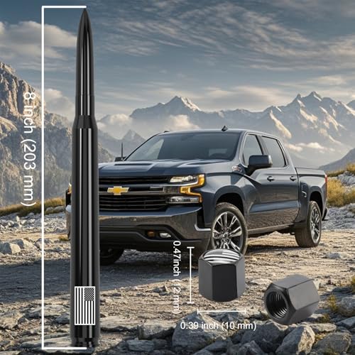 Image of 8 inch Car Truck Bullet Antenna with Tire Valve Caps American Flag Universal Replacement for GMC Sierra Chevy Silverado Dodge Ram 1500 2500 3500 Ford F150 F250 F350 Super Duty Raptor Accessories Black