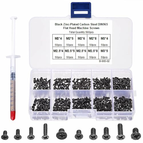 ECKDZMY Laptop Repair Screw Kit 500PCS Black Zinc Plated M2 M2.5 M3 Flat Head Machine Screws for SSD Motherboard & Electronics Repair with 1g Gold Thermal Grease