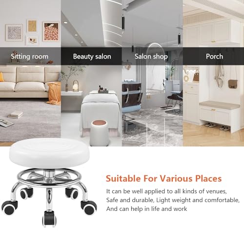 Image of KKTONER Black Roller Seat PU Leather Rolling Stools with Wheels Nail Stool for Home Work Office Shop Step Stool (White)