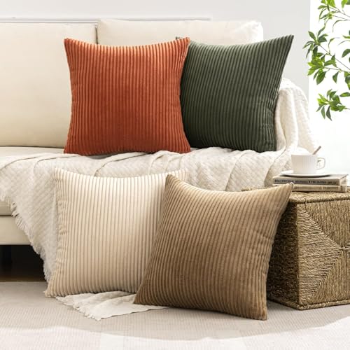 Image of MIULEE Boho Farmhouse Throw Pillow Covers 24x24 Inch Set of 4 Mordern Rust-Olive Green Cushion Covers Soft Corduroy Nordic Home Decor for Spring Couch Bed Sofa Living Room