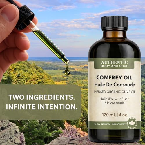 Comfrey Oil – Leaf & Root, Undiluted 4 oz, Free of Toxic Pyrrolizidine Alkaloids, Unscented Comfrey Infused Organic Cold-Pressed Olive Oil for Skin, Body & Massage Infusion, Dry Skin, Natural Moisturizer | External Use Herbal Blend | Symphytum Officinale | Slow-Infused Botanicals | Authentic Body And Soul — view 4