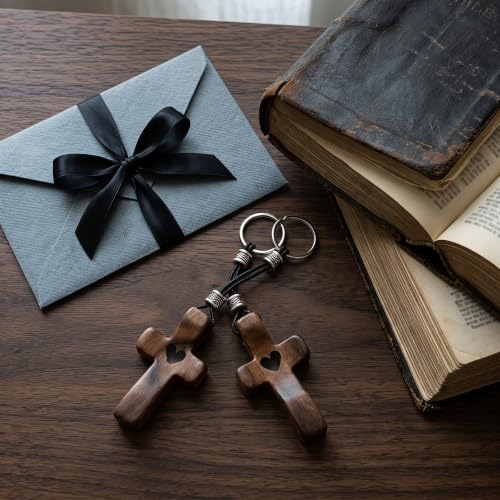 Image of Wooden Cross Keychain Cross My Heart Encouragement Gift Walnut Wood