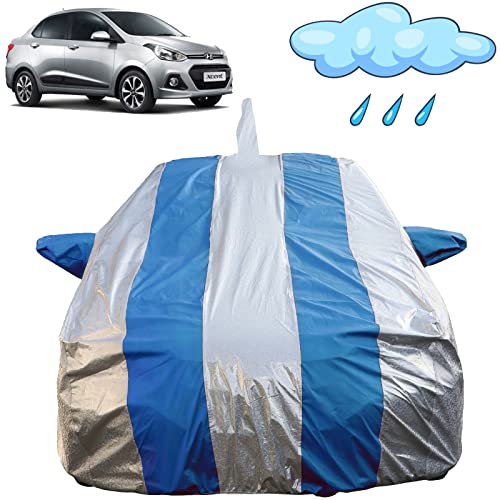 Image of Autofact Waterproof Car Body Cover Compatible with Hyundai Xcent (2014 to 2020) with Mirror and Antenna Pockets (Blue Stripes with Shinning Silver Fabric /Waterproof Cover)