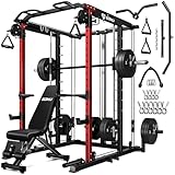 Goimu S1-V4 Smith Machine, 2000LBS Power Cage with Cable Crossover System, All-in-One Squat Rack with Smith Bar, Strength Training Equipment for Hone Gym (Red Smith Machine wiht 340lb Weights)