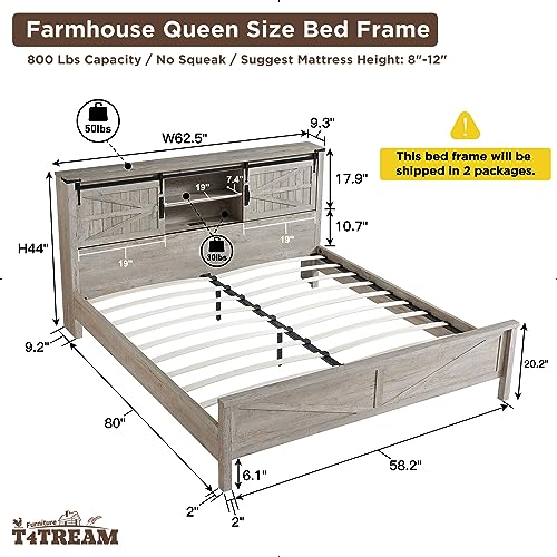 T4TREAM Farmhouse Queen Size Bed Frame with Storage Bookcase Headboard with Sliding Barn Door, Rustic Wood Platform Bed w/Charging Station, Wood Slats Support, No Box Spring Needed, Light Rustic Oak