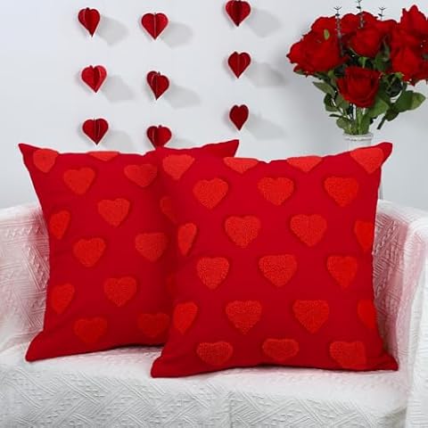 peony man Valentine's Day Pillow Covers 18 x 18 Inch Red Heart Throw Pillow Cases Valentines Decorative Cushion Cases Decoration for Couch Sofa Home Living Room Bedroom Valentine Gift Decor, Set of 2 Cover