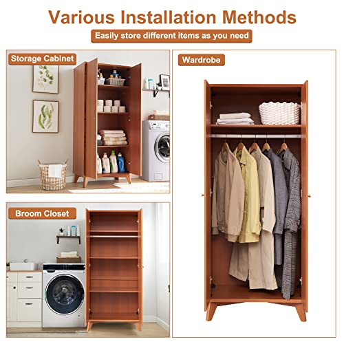 Okd Kitchen Pantry Storage Cabinet, 72" Tall Mid Century Modern Wood Cabinet Organizer W/Doors Adjustable Shelves, 20" Deep Armoire W/Hanging Rod For Bedroom, Laundry, Bathroom, Utility Room (Cherry) #TOP5