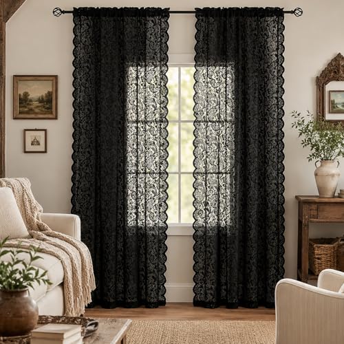 ALIGOGO Spitzenvorhänge, 244 cm lang, viktorianischer Gothic-Vorhang, Paneele mit Paisleymustern, durchsichtig… – Ansicht 1