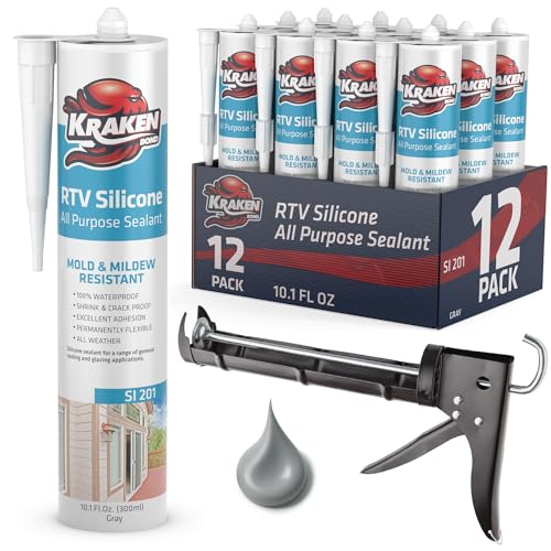 Image of Kraken Bond Gray Silicone Sealant Waterproof% 100-10 fl oz Cartridge - RTV Silicone Caulk Kitchen and Bathroom, All Purpose, Window Caulking Sealant Outdoor, Exterior Use Silicon, Gun Incl - 12 Pack